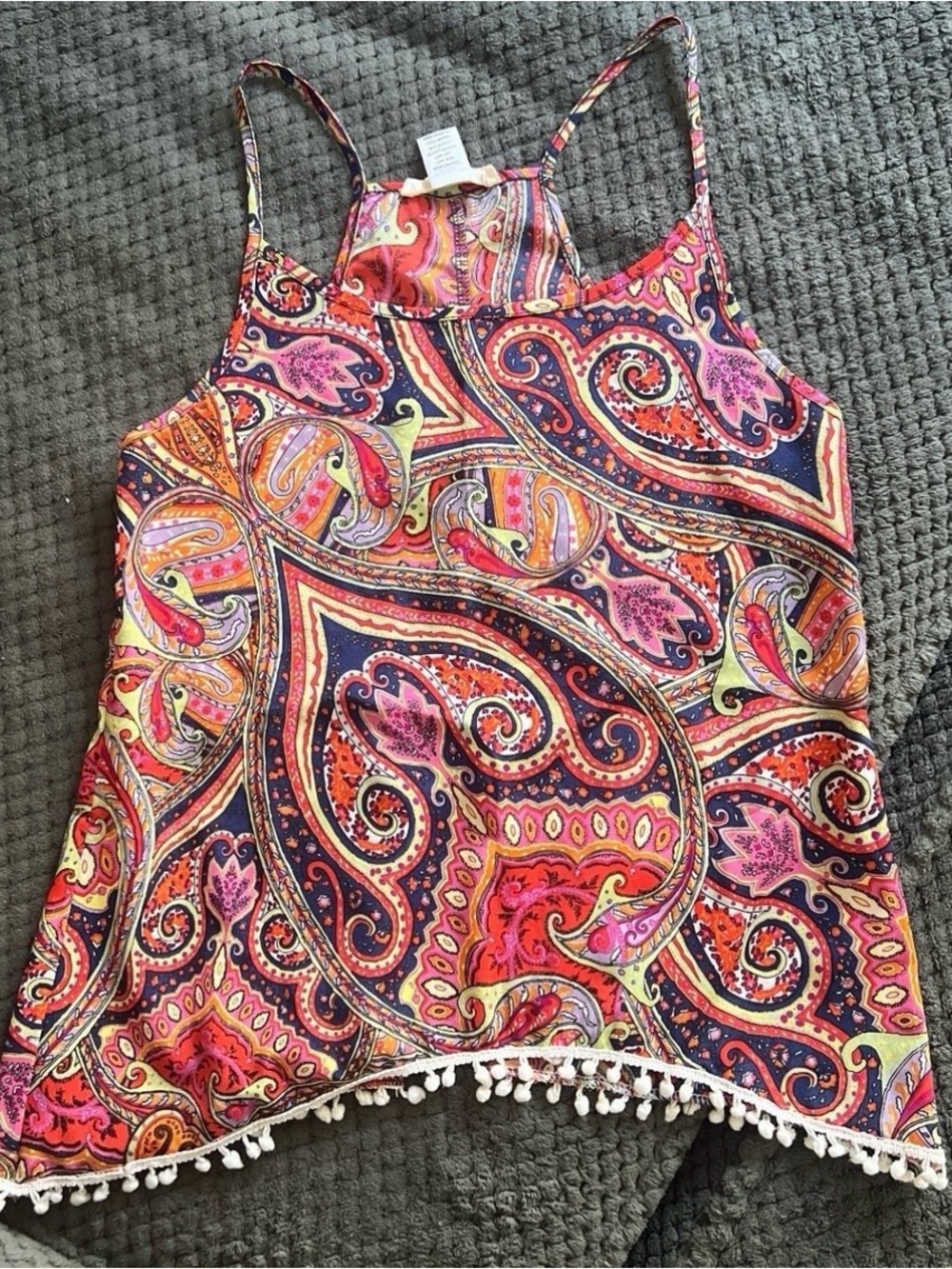 Bright Paisley Pom-Hem Tank Top in Pink Multi